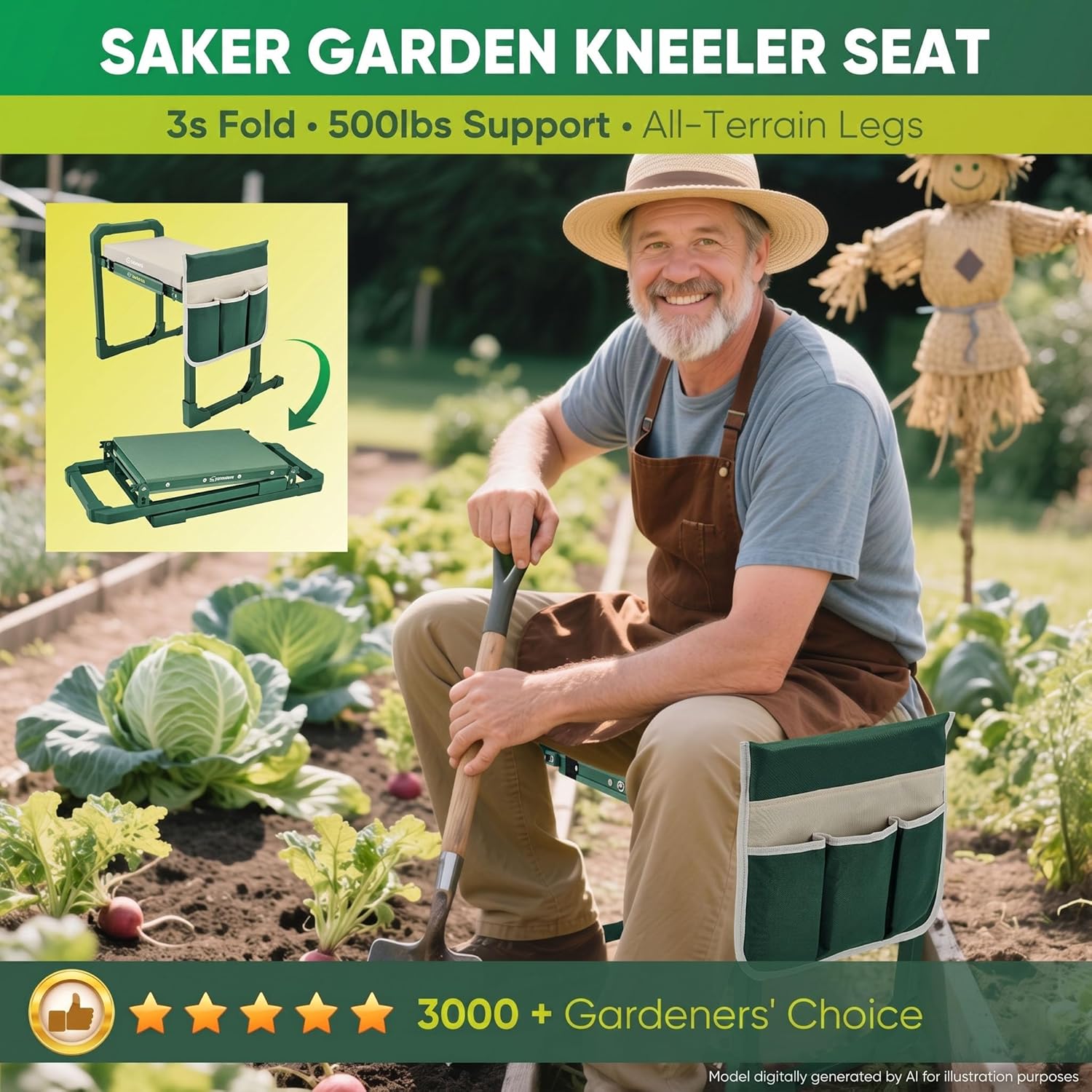 Saker Garden Kneeler and Seat Foldable Gardening Stool with Extendable Legs | Thickened Pad, Tool, Heavy Duty 400lbs