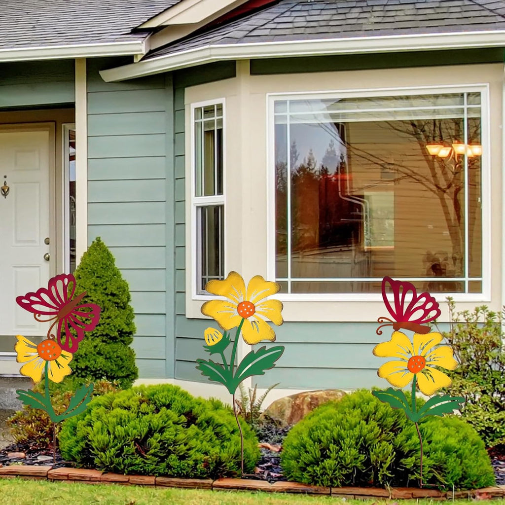 3-Pack Metal Flowers for Outside, 30-Inch Metal Yard Art | Decorative garden stakes with flower and butterfly designs;