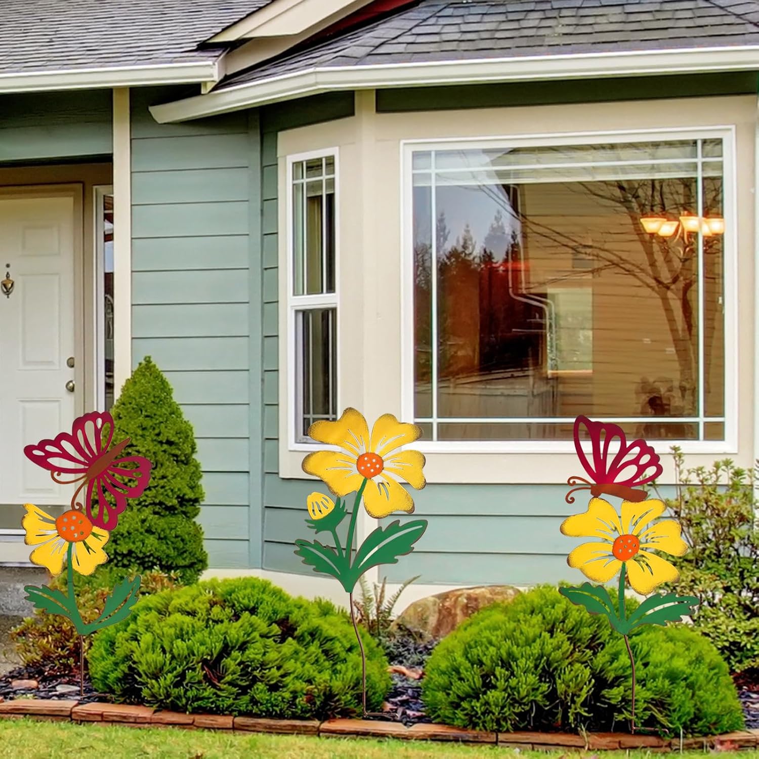3-Pack Metal Flowers for Outside, 30-Inch Metal Yard Art | Decorative garden stakes with flower and butterfly designs;