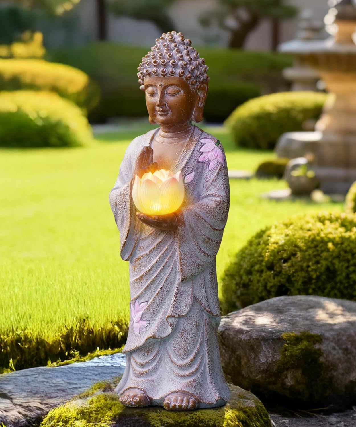 Solar Buddha Garden Statue Decor: Standing Figurine with Lotus Light | 11-Inch White Zen Sculpture, Patio Lawn Yard