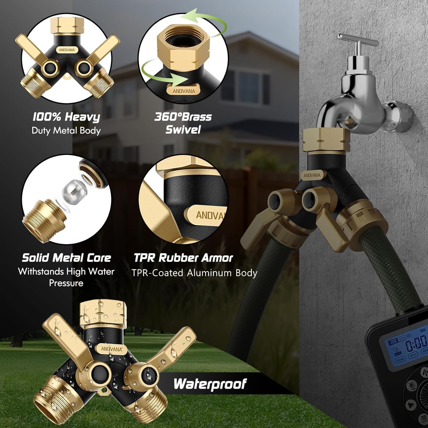 Hose Splitter 2 Way Heavy Duty, Garden Hose Splitter- Full Metal Body Y Type with Dual Shut Off Valves, 3/4" Standard