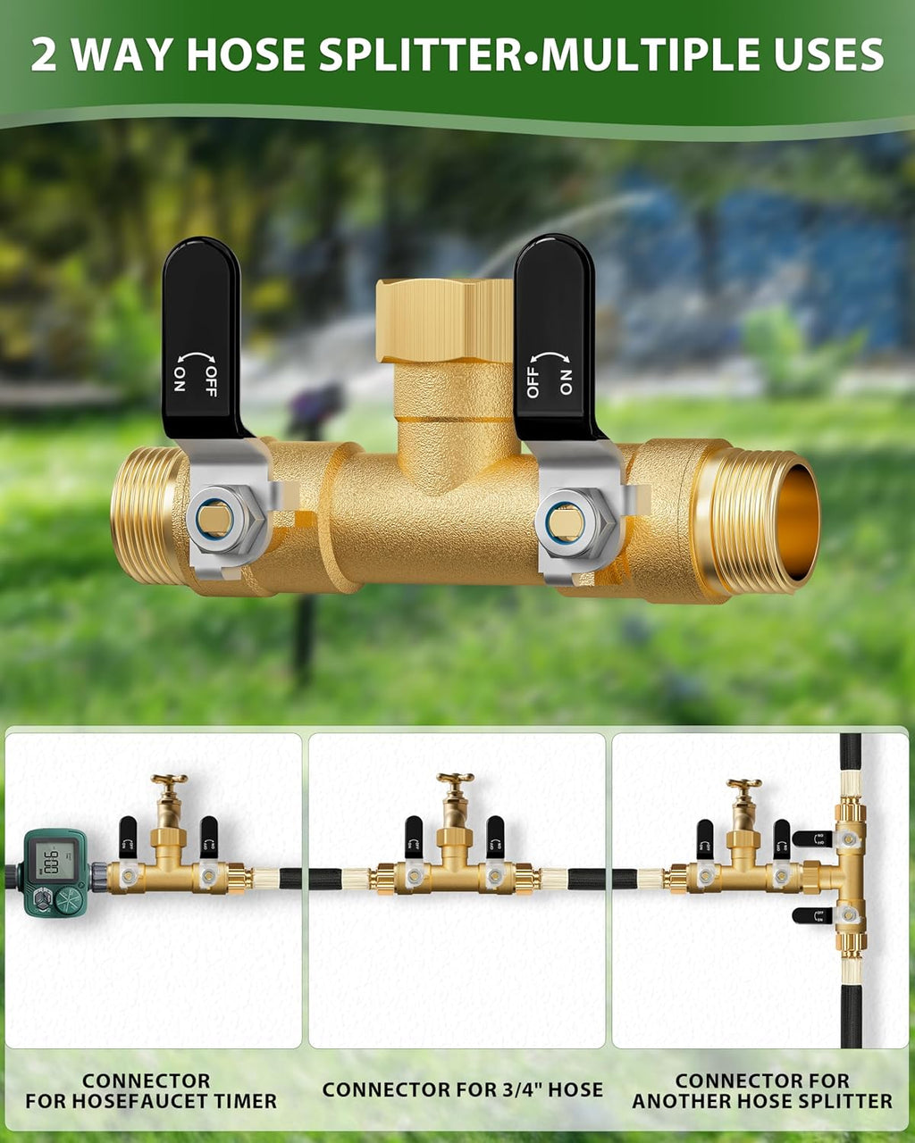 Hose Splitter 2 Way, Heavy Duty Brass Garden Hose Splitter, Water Hose Bib Spigot Splitter with 0.59" Full Flow Ball