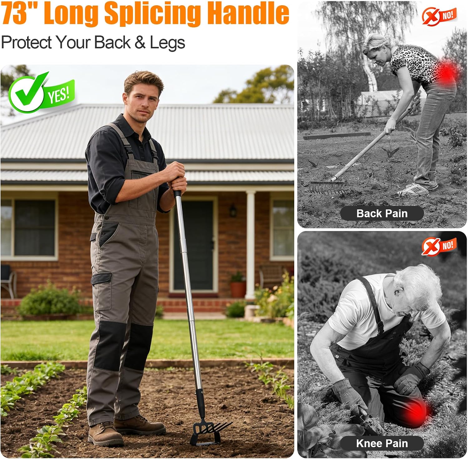 73 Inch Adjustable Long Handle Garden Hoe, 2-in-1 Heavy Duty Stirrup Hoe & Cultivator - Lightweight Weeding Rake for
