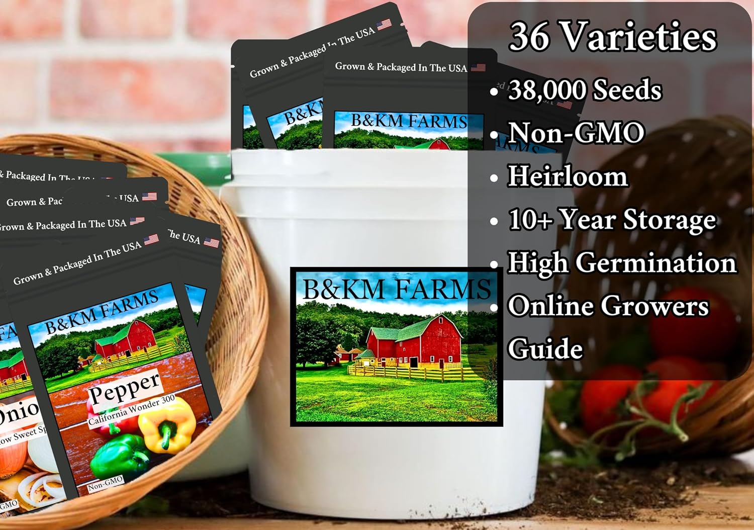 B&KM Farms 40,000+ Non-GMO Heirloom Seed Kit-36 Fruit & Vegetable Variety | Features 5+ year supply of 36 individual