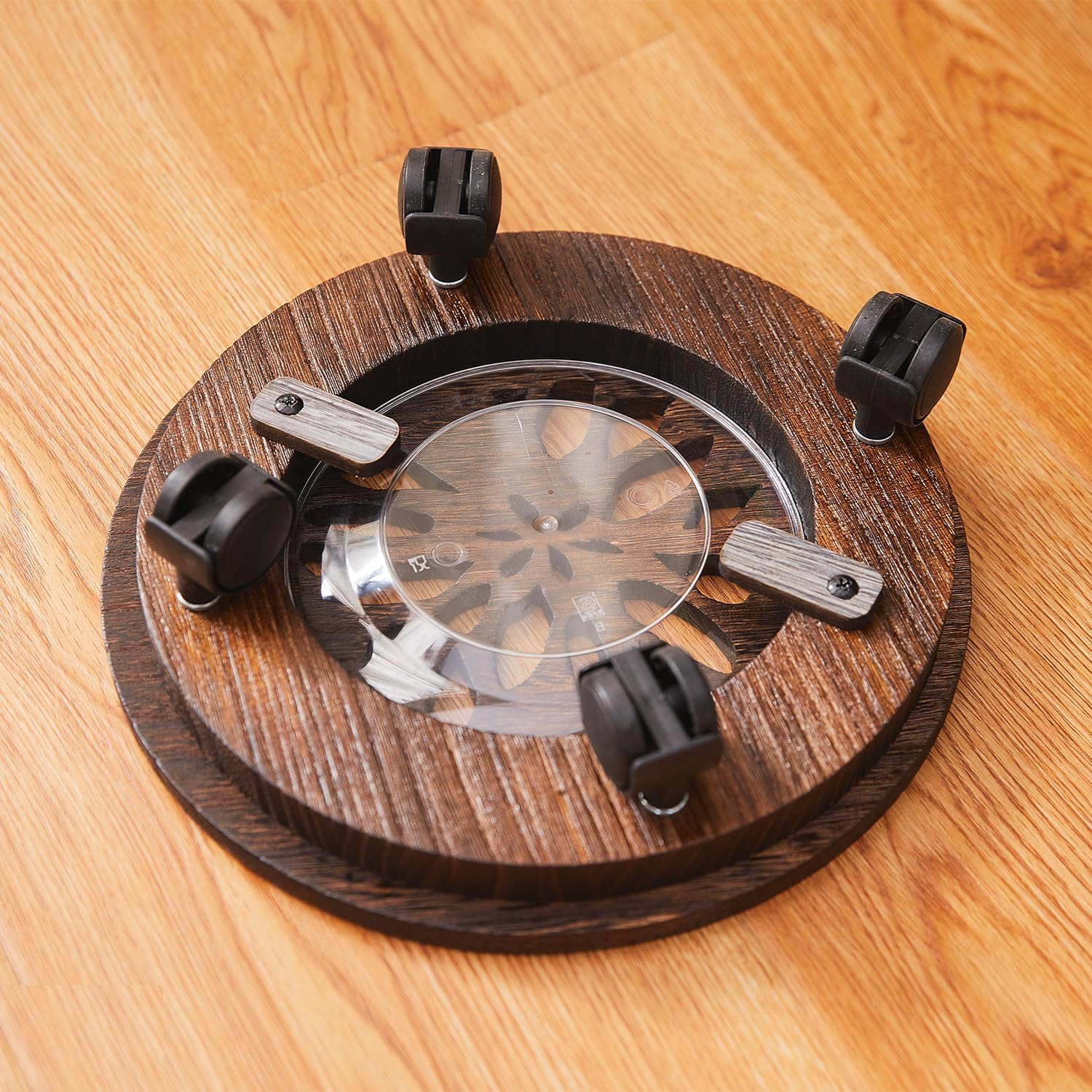 Wooden Plant Stand with Wheels, Rolling Planter Caddy, Heavy Duty | Built‑in Drip Tray,No Assembly Required,Lockable