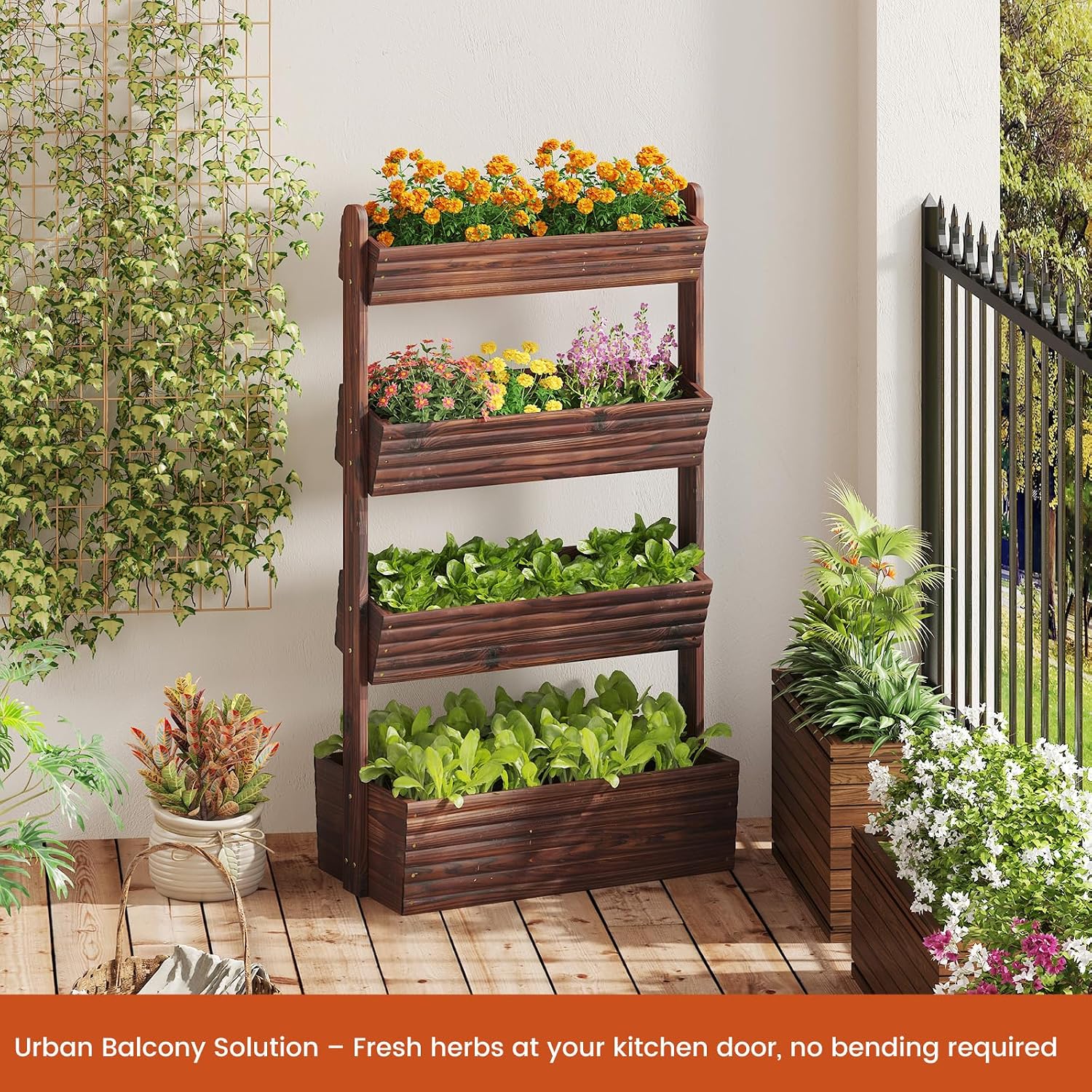 GHWIE Wooden Garden Planter Box, Raised Bed with Vertical Plant Rack, Indoor Outdoor Flower Herb Vegetable Stand