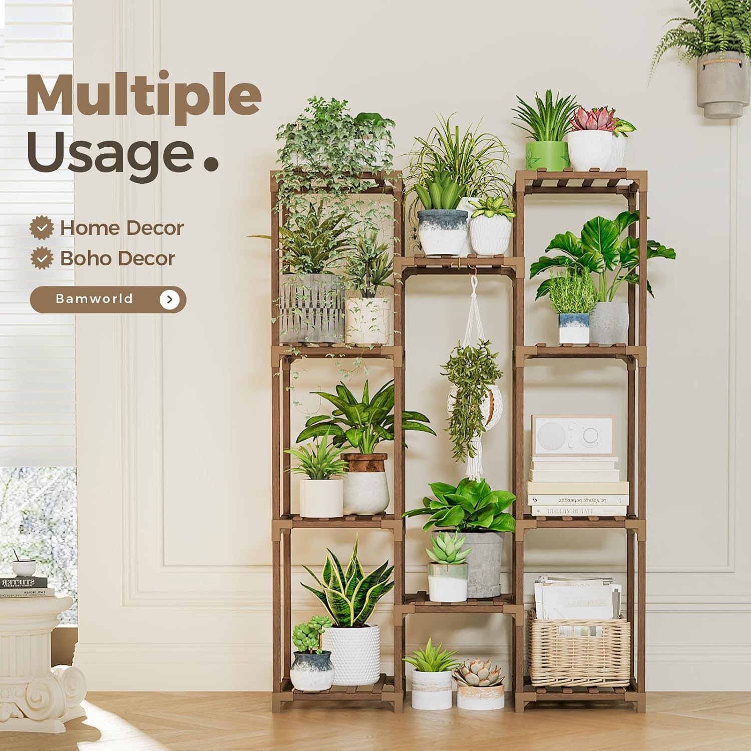 Bamworld Plant Stand Indoor Outdoor Tall Plant Shelf for Multiple Plants Pots Wood Flower Stand Large Flower Holder for