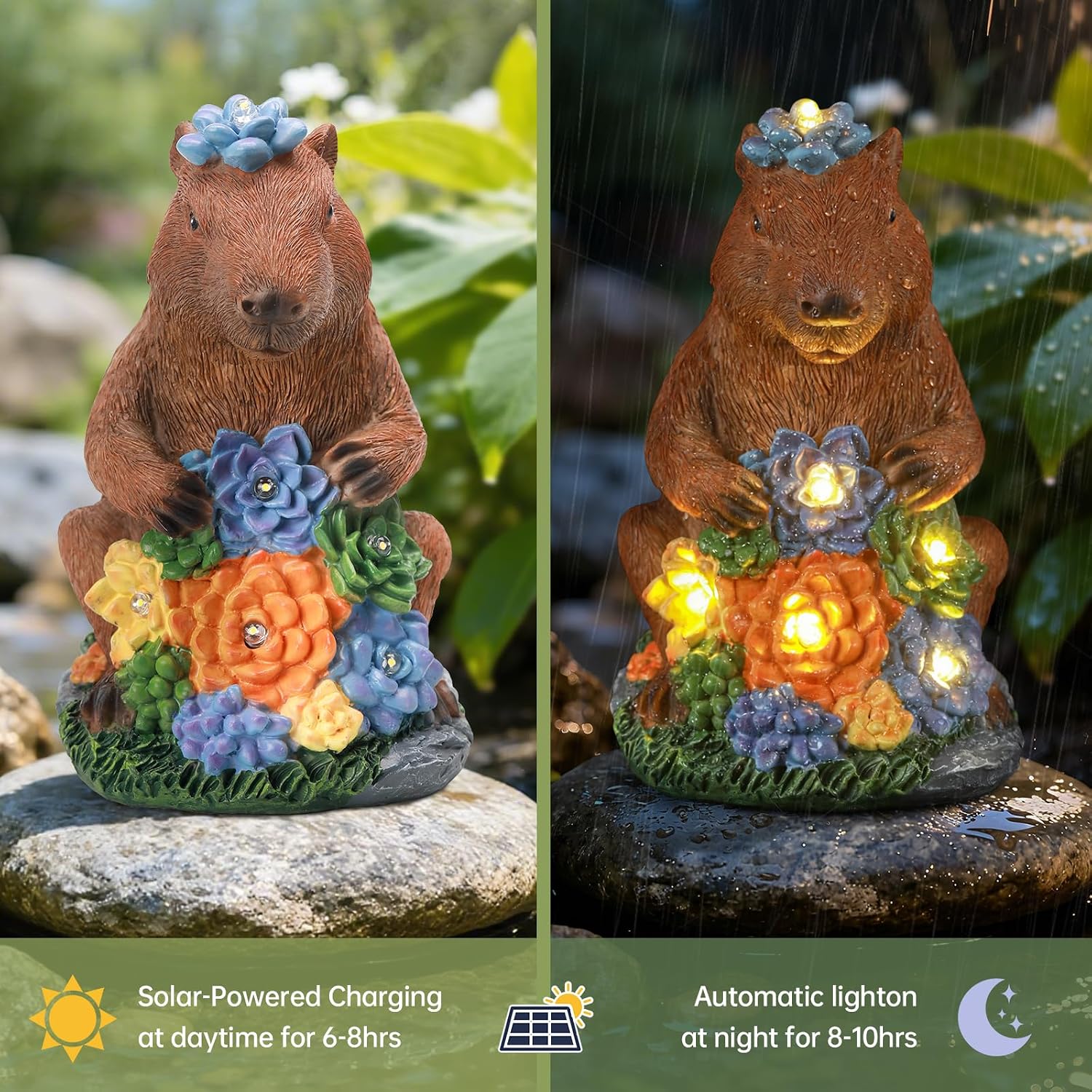 Solar Capybara Garden Statue with Flower LED Lights, Resin Capybara Garden Decor, Outdoor Statue, Patio, Yard, Pond