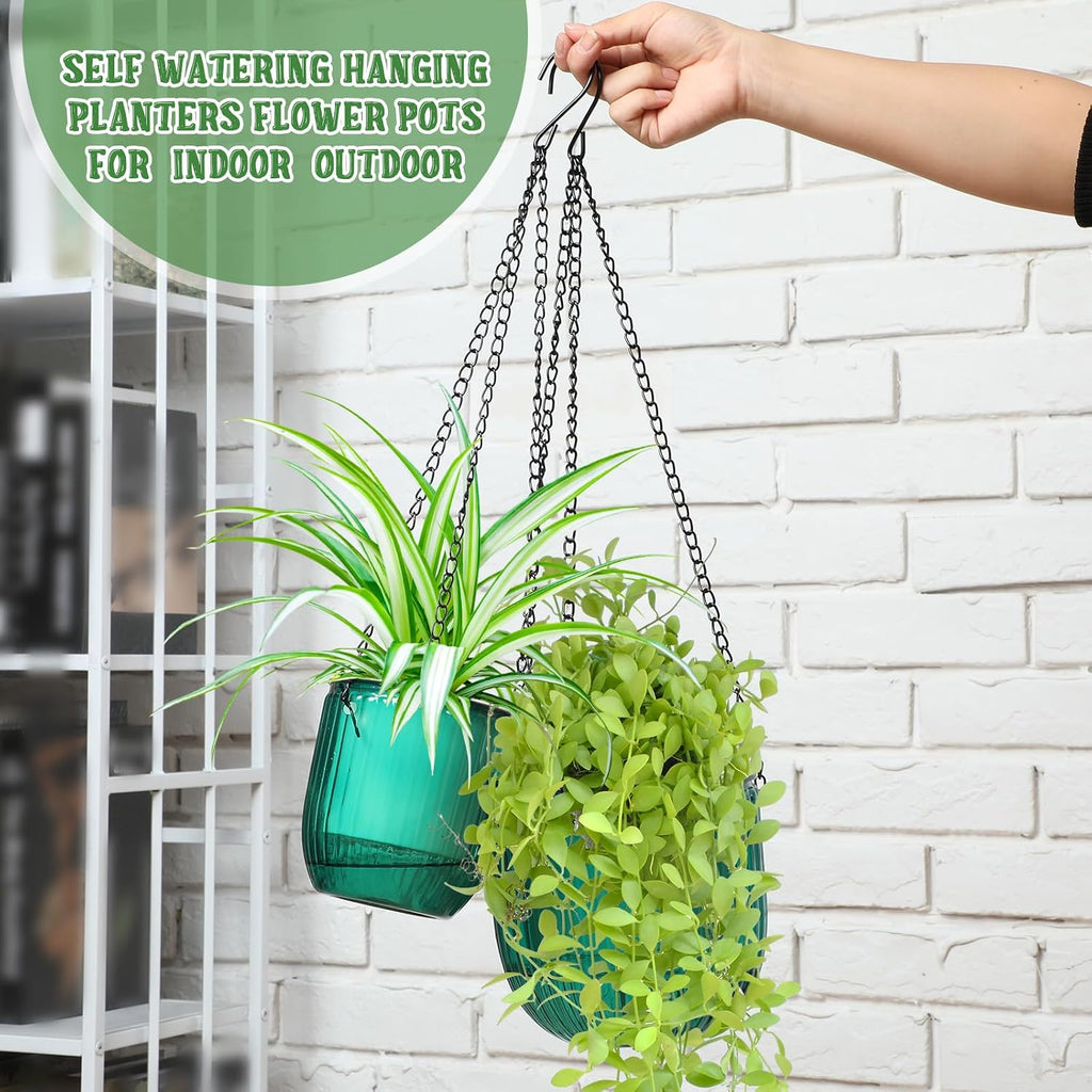 4 Pcs Self Watering Planters 6.5'' 4.5'', Emerald | Hanging Pots for Indoor Plants with Drainage Holes and 3 Hooks