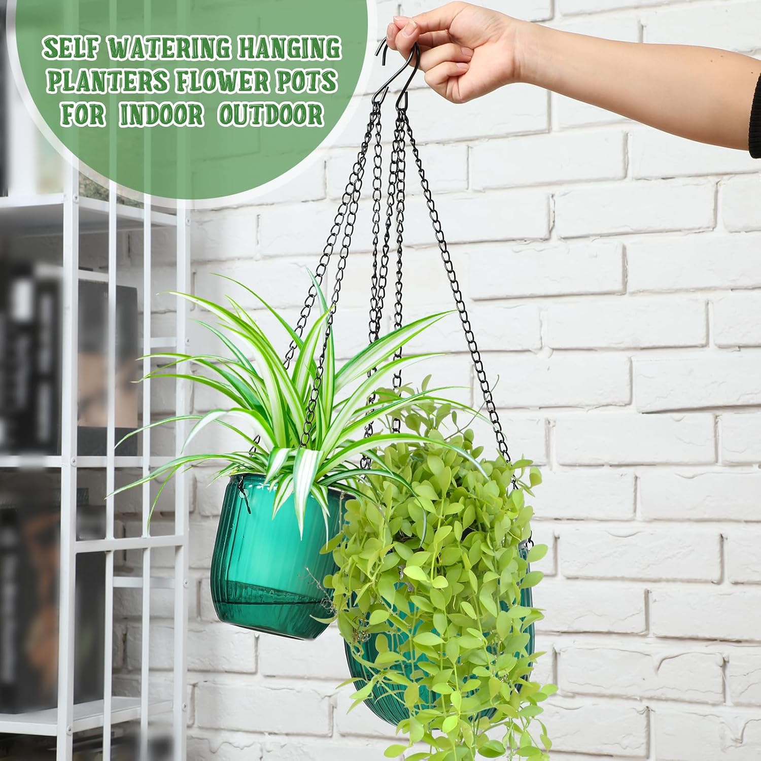 4 Pcs Self Watering Planters 6.5'' 4.5'', Emerald | Hanging Pots for Indoor Plants with Drainage Holes and 3 Hooks