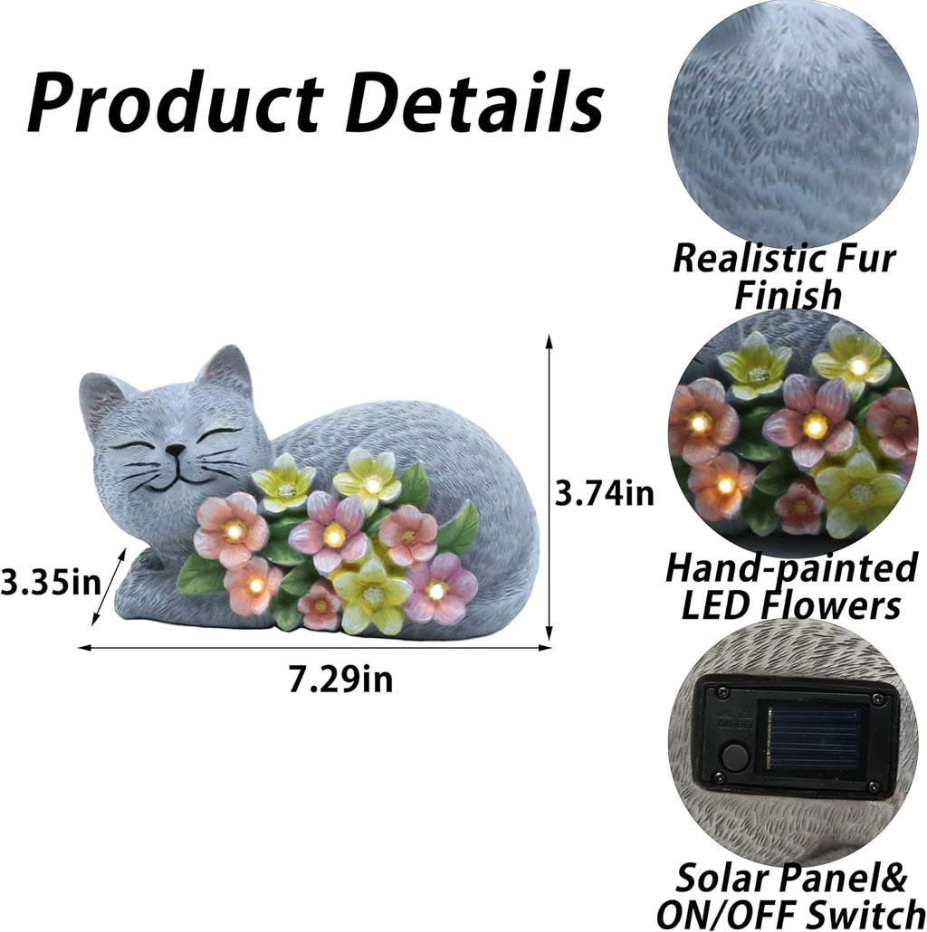 Solar Cat Garden Statue, Resin Solar Cat Lights for Outside | Outdoor Cat Statues with Flower for Lawn Porch Yard Art
