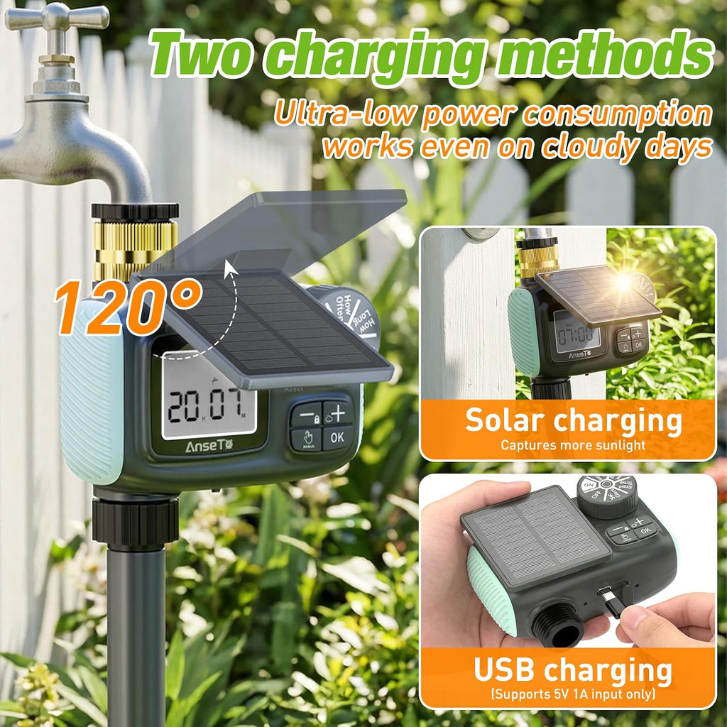 Solar Type-C Rechargeable Sprinkler Water Timer for Garden Hose Lawn | Programmable Intelligent Automatic Faucet System