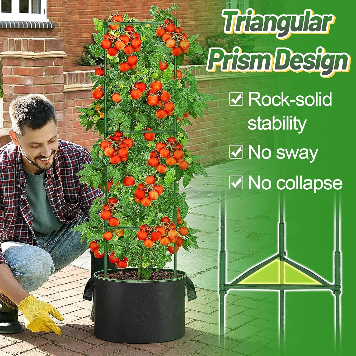 ANPHSIN Sturdy Triangle Tomato Cage with Movable 10 Gal Grow Bags, 3 Sets | 47'' Plants Garden Trellis Planters