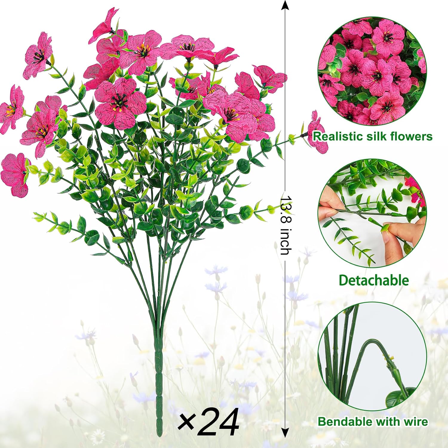 24 Pcs Artificial Flowers for Outdoors Decorations, Rose Red | Lifelike silk flowers, UV resistant, faux plastic
