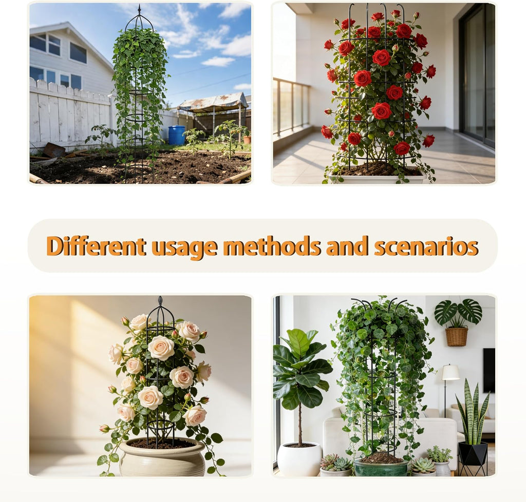 2 Pack Garden Obelisk Trellis for Climbing Plants Outdoor, 6FT Adjustable Metal Plant Support with 3 Decorative Tops