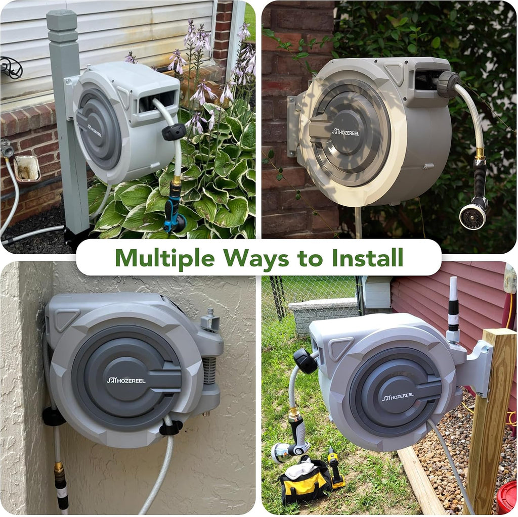 Retractable Garden Hose Reel 1/2" x 110ft | UV Resistant Automatic Slow Self Retract Hose Reel, 180°Swivel Wall Mount