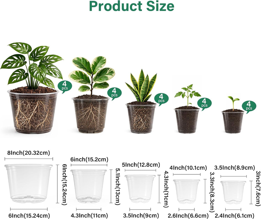 Bluepro Clear Nursery Pots with Drainage, 3.5/4/5/6/8 Inch, 20-Pack | Clear PET, 4 Each of Five Sizes, Root and
