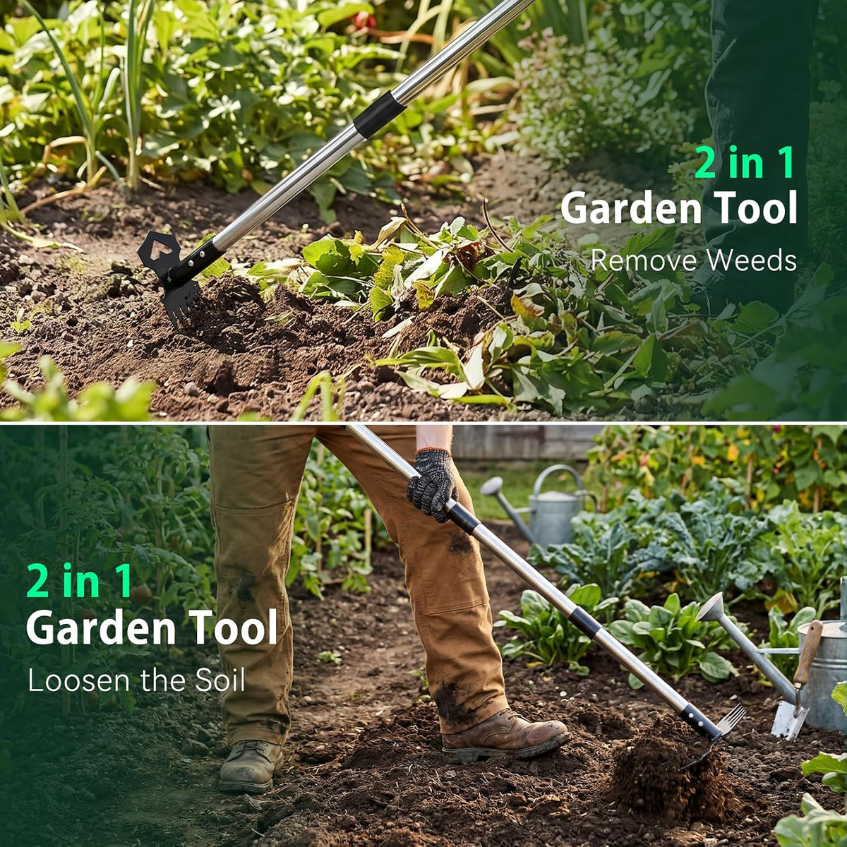 60" Weed Puller Tool with Long Handle, 2-in-1 Weed Rake & Garden Hoe, Stand Up Weeding Tools Gardening, Heavy Duty