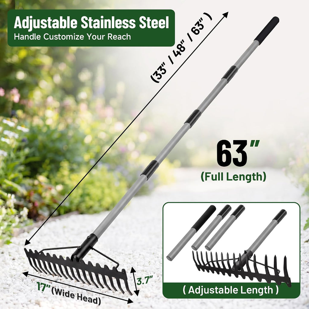 Walensee Heavy Duty Dual-Sided Bow Rake, 63" Stainless Steel Handle, Heat-Treated Manganese Steel Head, 17 Steel Tines