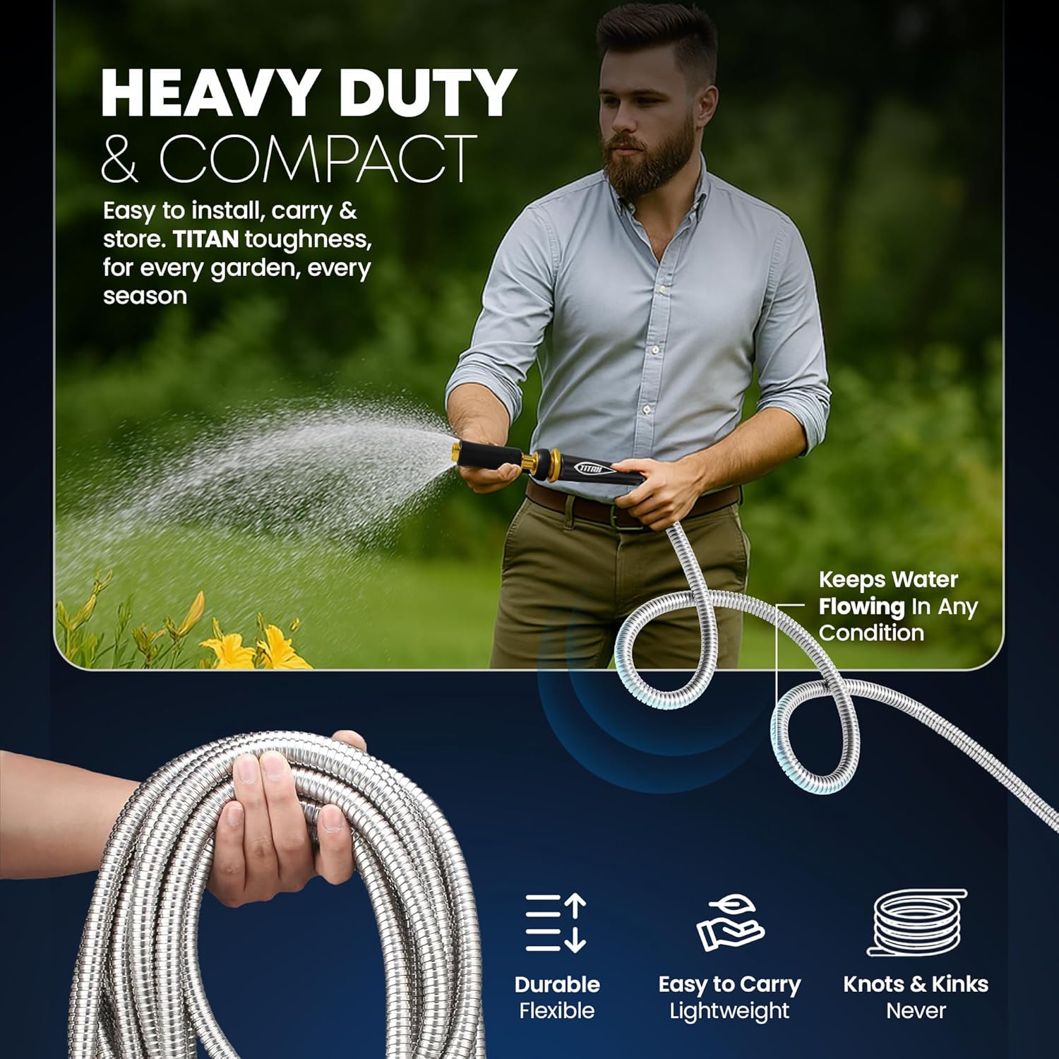 TITAN Garden Hose 50FT - 304 Stainless Steel Metal Water Hose, Flexible, Kink-Free, Lightweight, Durable, Crush