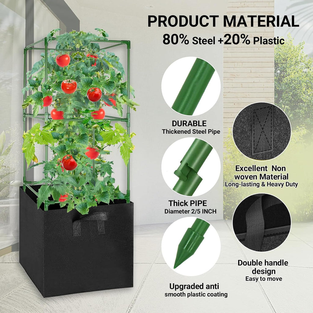 3 Pack Tomato Cages with 17 Gallon Grow Bags, 47” Heavy Duty Square Tomato Plant Stakes Support Cages Trellis for