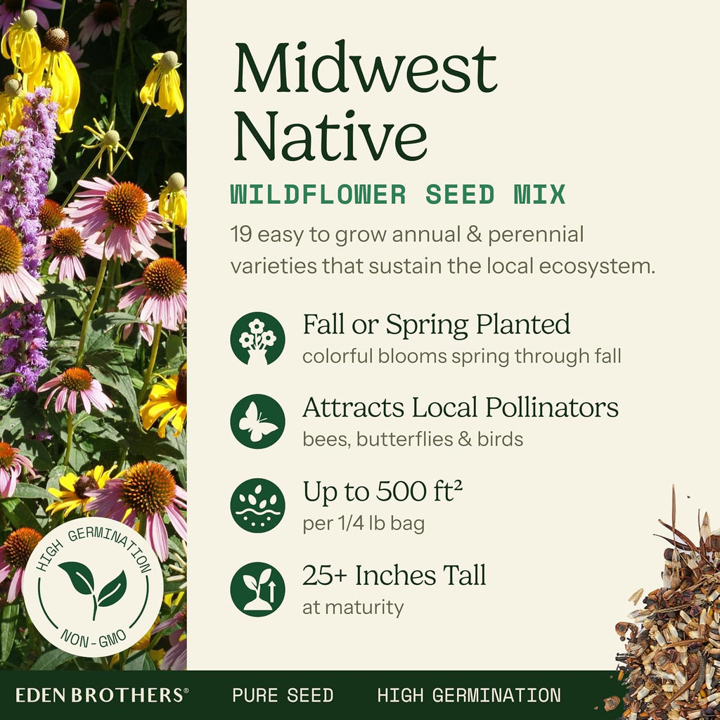 Eden Brothers Native Midwest Wildflower Seed Mix, 1/4lb, 19 Prairie Wild Flower Seed Varieties,100% Pure Seed No