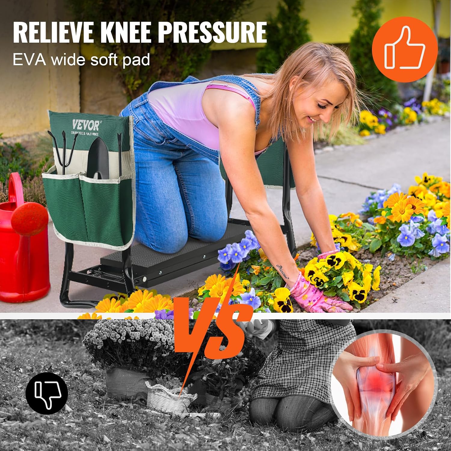 VEVOR Garden Kneeler and Seat, 330 lbs Load Capacity, 8" EVA Wide Pad, Foldable Garden Stool, Kneeling Bench for
