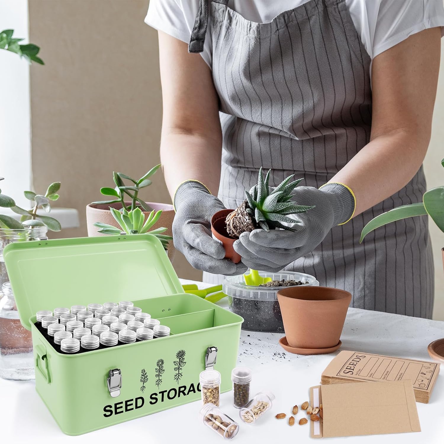 60 Slots Seed Storage Organizer, Metal Seed Box with Lid and Safety Locks | Bamboo, Strong Seal, Completely Blocks
