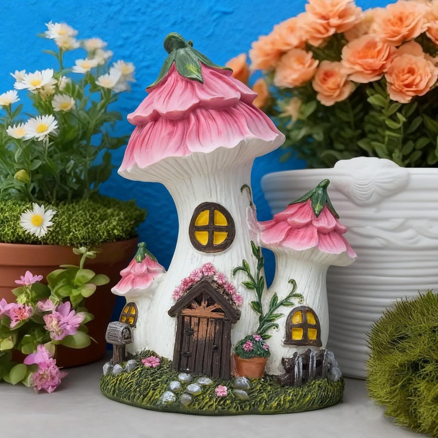 Pink Mushroom House Fairy Garden Statue,7.7 Inches | Resin Whimsical Figurine for Patio, Lawn, Yard, Outdoor & Indoor
