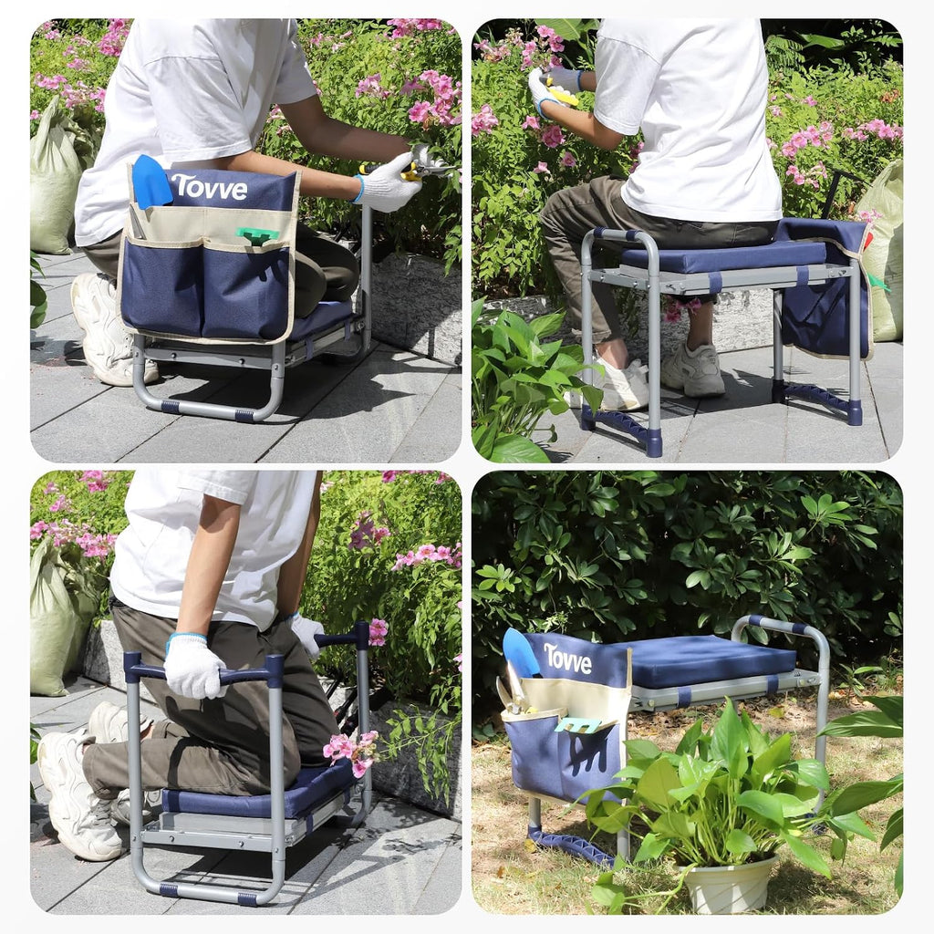 Tovve Foldable Garden Kneeler and Seat, Heavy Duty Garden Stool with 10" Wide Detachable Kneeling Pad, Portable Garden