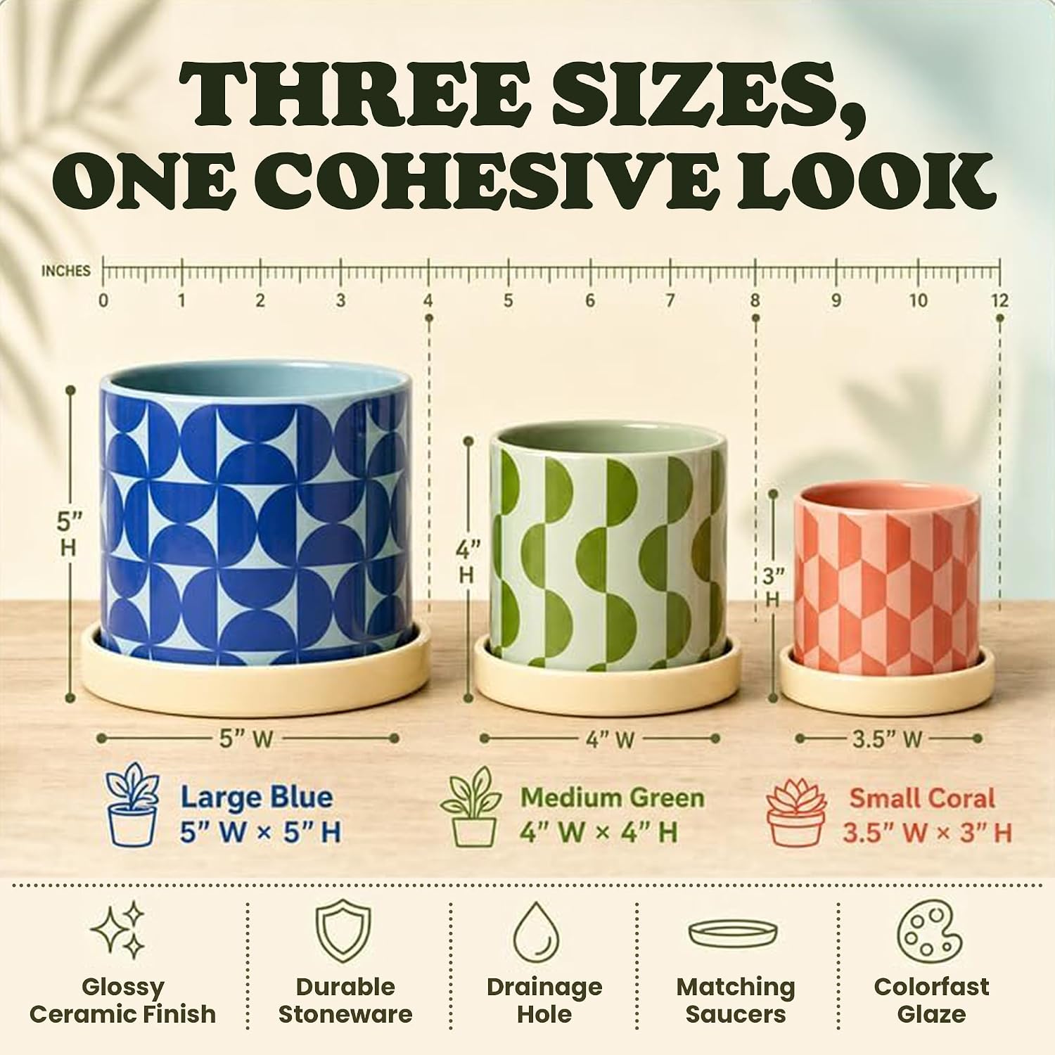 Ceramic Plant Pots, Indoor Planters - Set of 3 | Flower Pots for Plants with Drainage Hole & Saucer, Geometric Home