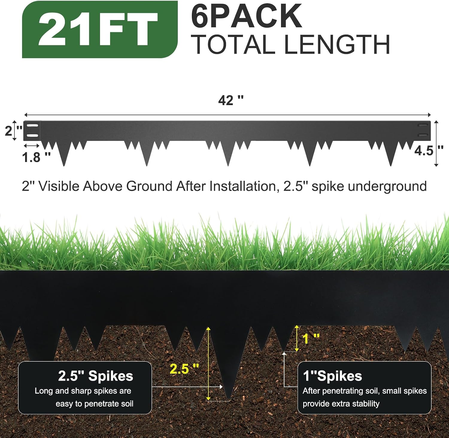 Metal Landscape Edging Border 6 Packs 42'' L x 4.5'' H, Galvanized Steel Garden Edging Border with 6 Stakes, Hammer-in