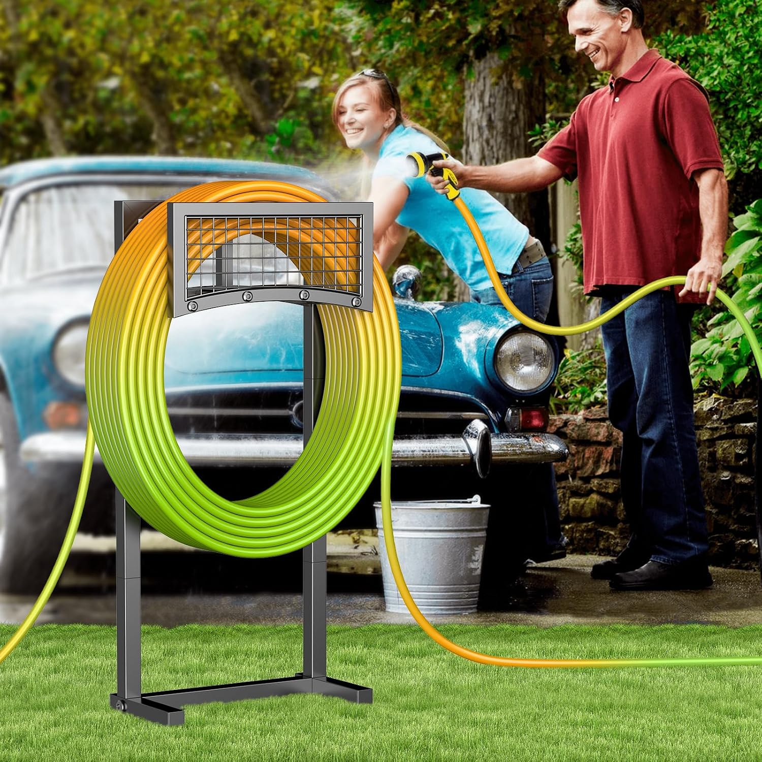 Garden Hose Holder – Heavy-Duty Metal Hose Reel with 4 Spikes, Supports Up to 150FT Hose, Sturdy Freestanding Storage