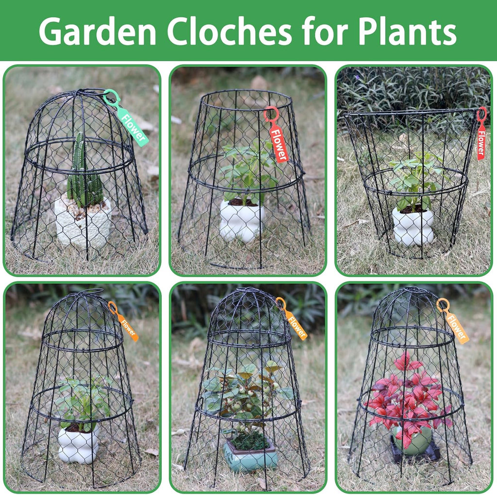 6 PCS 17.7"H X11.42"D Chicken Wire Plant Covers Protectors, Rustproof Heavy Duty Metal Plant Cage with Stakes & Labels