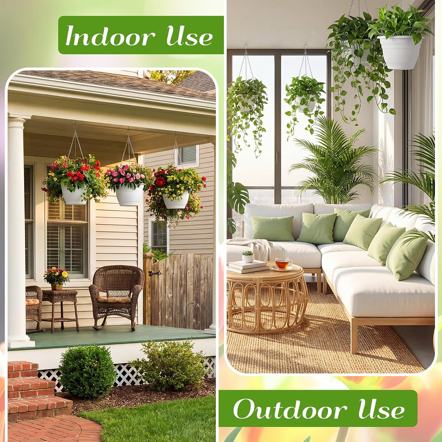 10 Pack 11 Inch Plastic Hanging Planter Bulk White Hanging Baskets for Plants with Drainage Trays Self Watering Plant