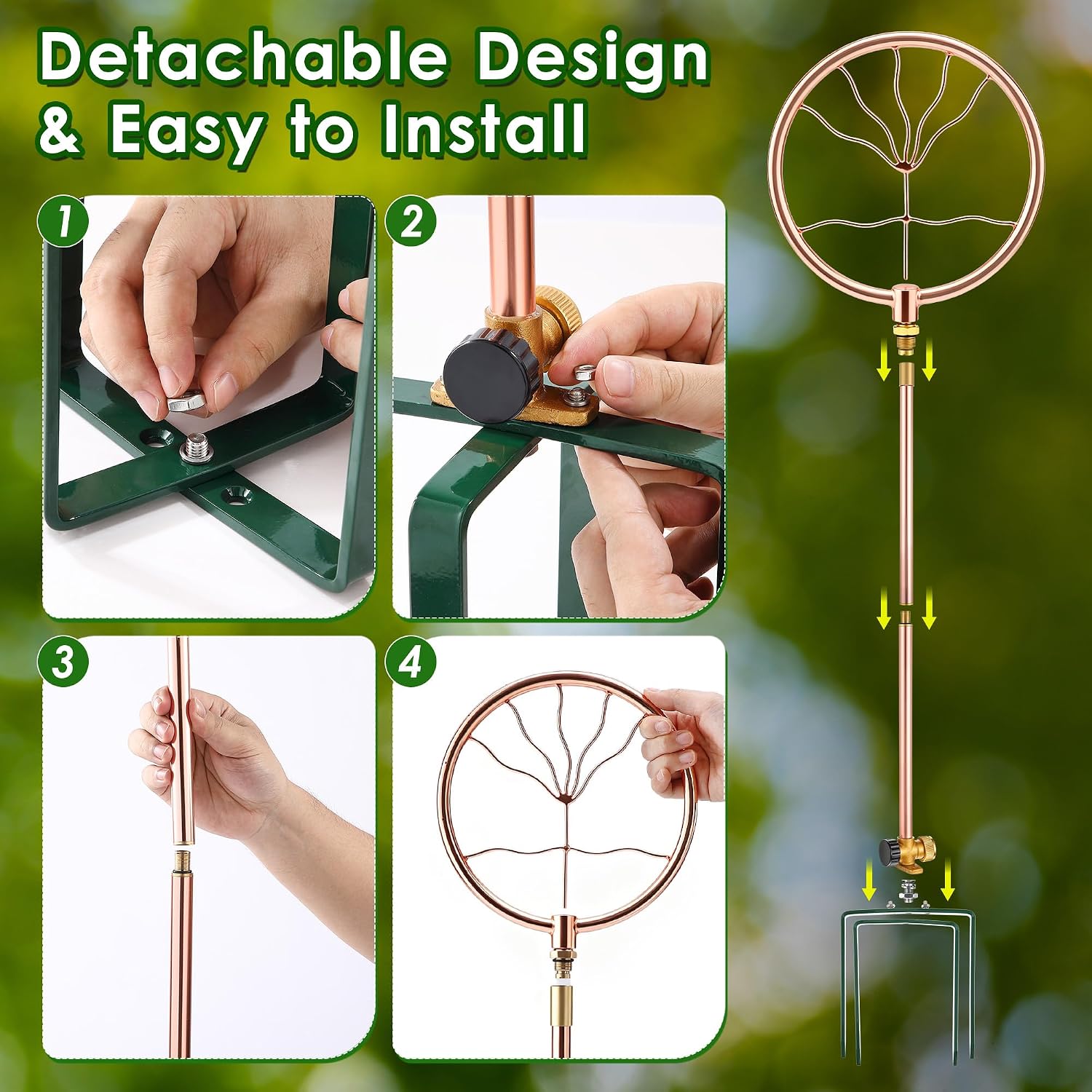 34" Ornamental Sprinkler, 360° Rotating, Wave Fan | Copper coated stainless steel, fits 3/4 in hose, 4-point stake
