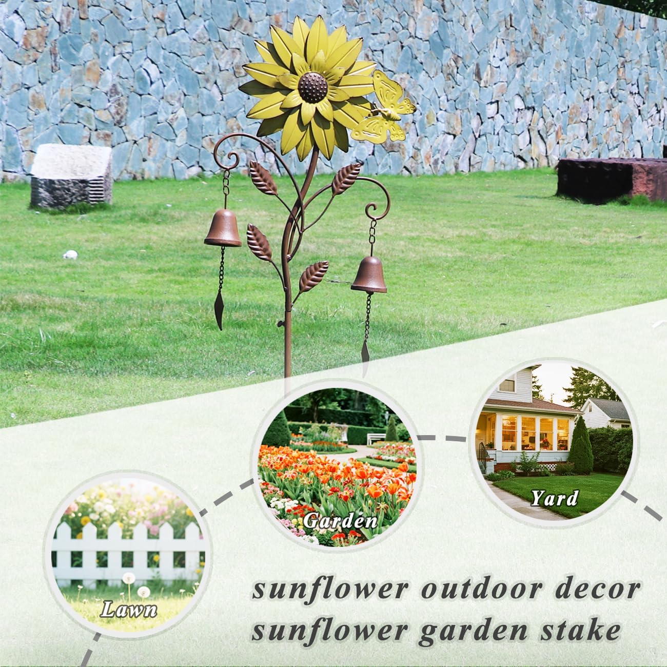 Decorative Garden Stakes,Garden Stake with Bells,Metal Flower Garden Decor | 50"H Sunflower Metal Flower Garden Stake