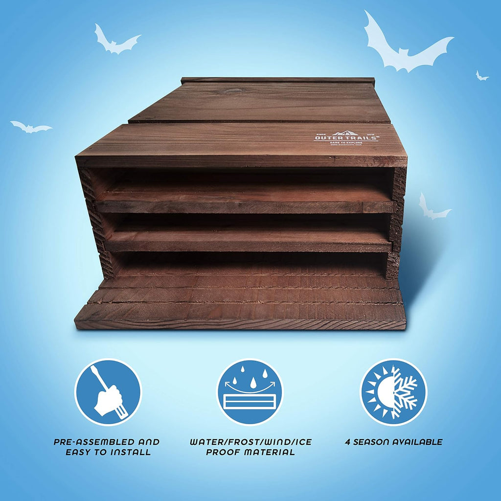 Bat House for Outdoors, Japanese Cedar, 3 Chamber, Brown | Premium Japanese cedar bat house in brown; three grooved