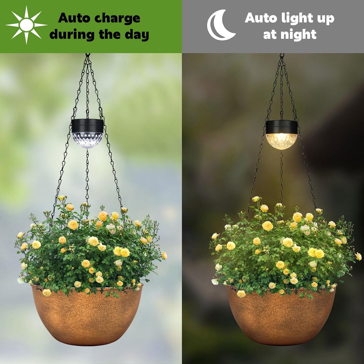 BAYN 2 Packs Solar Hanging Basket Planters for Plants Outdoor | Self Watering, Bronze Flower Pots with Solar Light