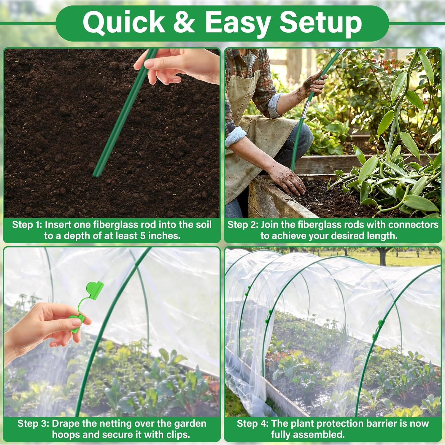Garden Mesh Netting Kit for Raised Beds, 10x33FT Ultra Fine Mesh Netting&6 Sets 8FT Fiberglass Garden Hoops, Insect