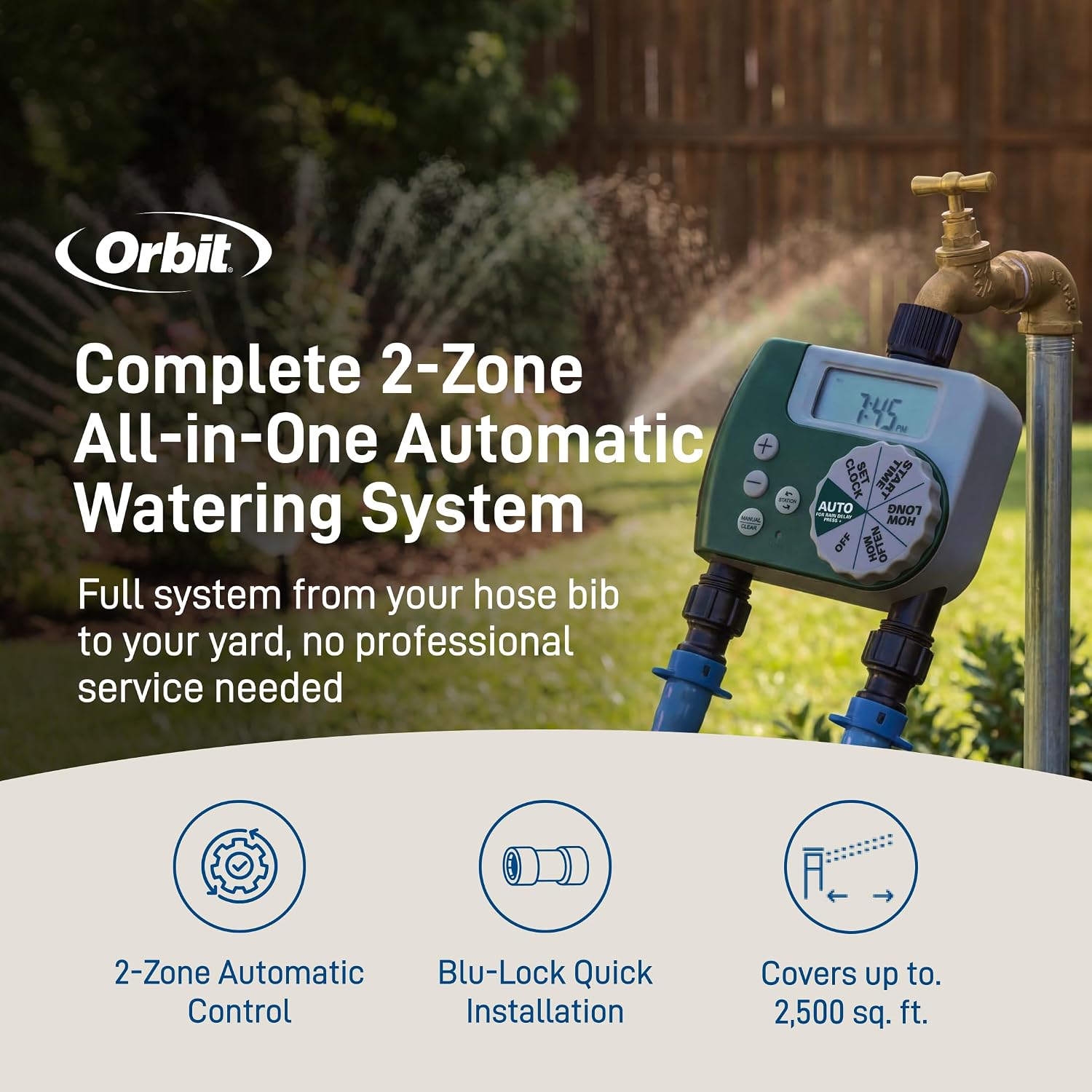 Orbit 2-Zone All-in-One Automatic Watering System - Automatic Sprinkler System for Yard Irrigation Setup - DIY Lawn Kit