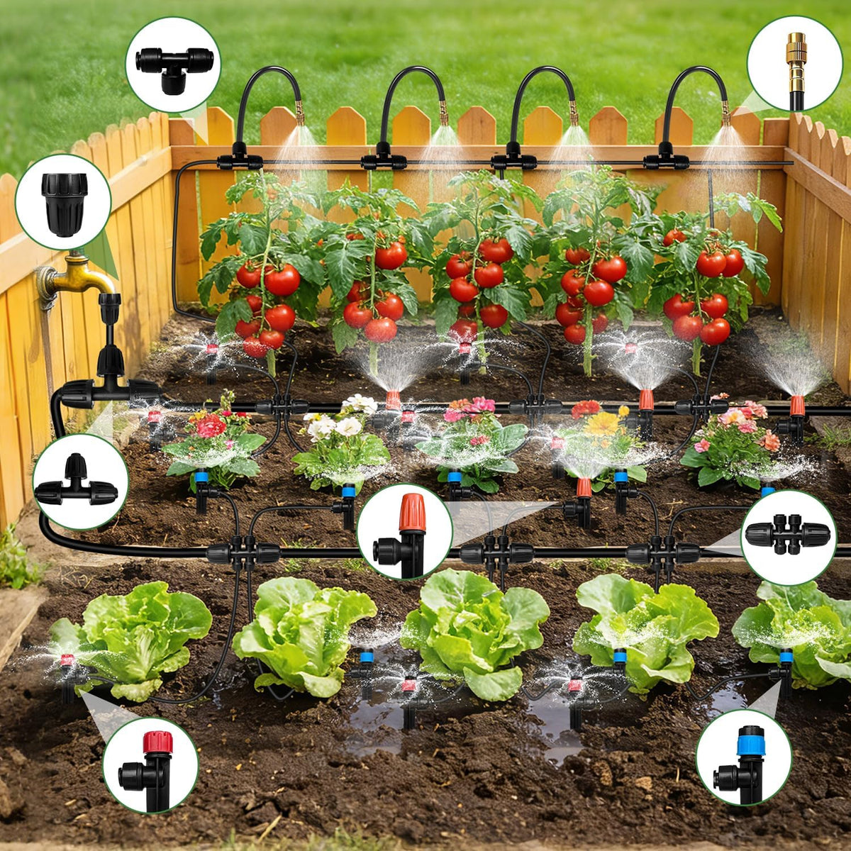 230FT Drip Irrigation System for Garden with 38pcs Adjustable Copper Nozzles & Emitters, Automatic Garden Watering