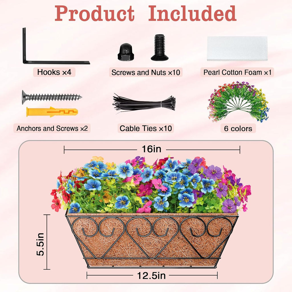 Halatool Railing Planter Box with Artificial Flowers, All Season Home Decor | 16 Inch Metal Window Box with Coco
