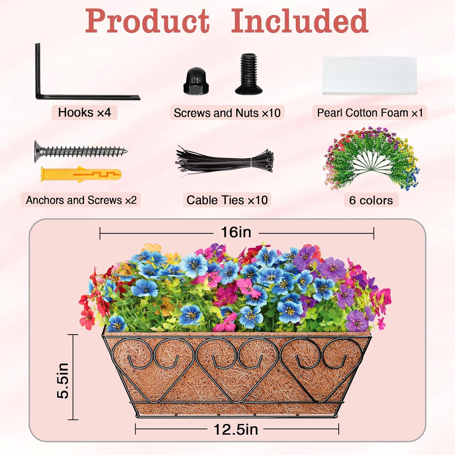 Halatool Railing Planter Box with Artificial Flowers, All Season Home Decor | 16 Inch Metal Window Box with Coco