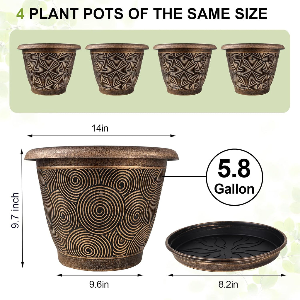 Fodetyff 14 Inch Large Planter Pot for Plants Indoor Outdoor, 4 Pack Plastic Flower Pots with Drainage Hole & Tray