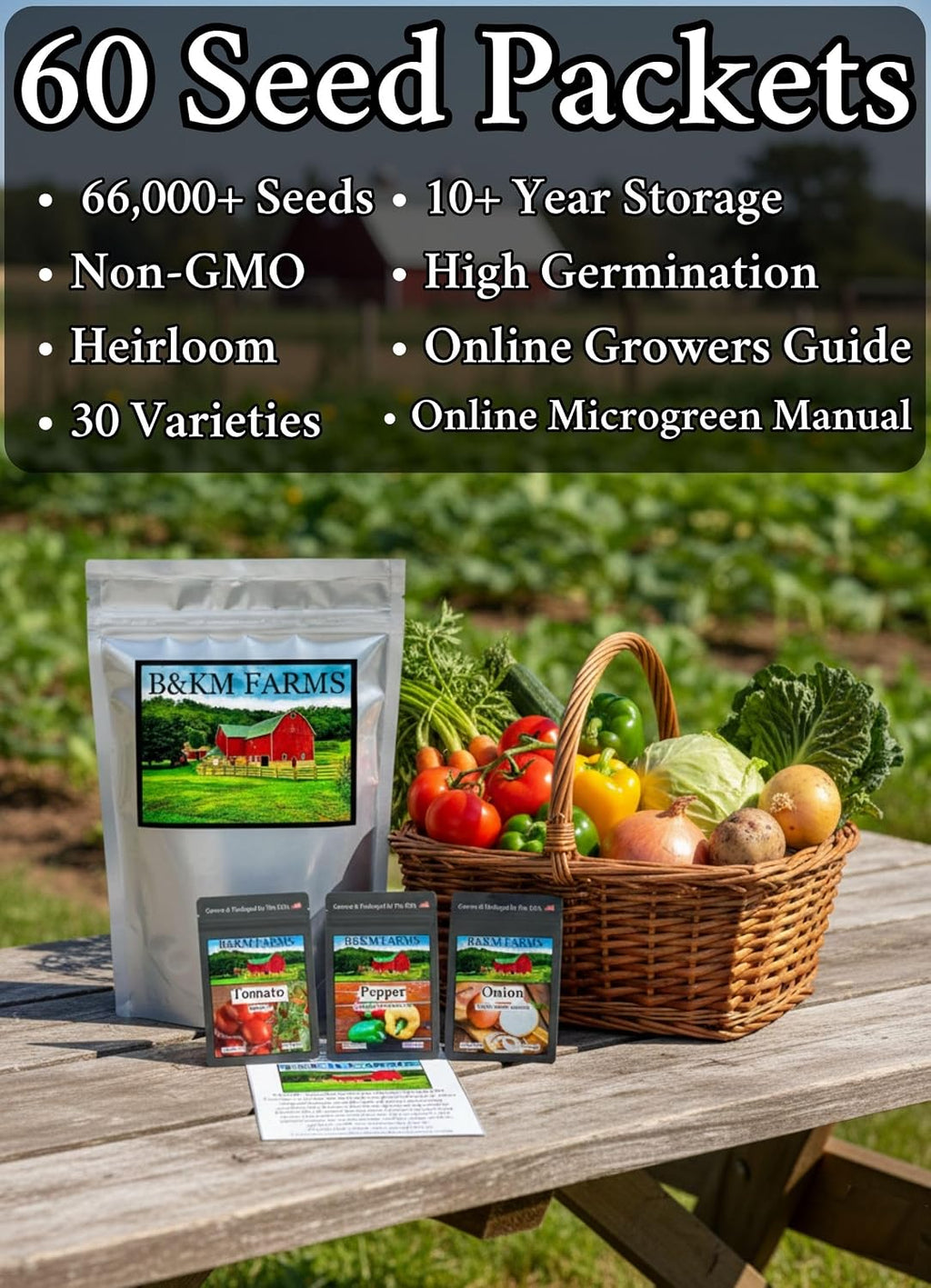 B&KM Farms Vegetable Seed Collection - 30 Varieties, 60 Packets, 66,000+ Heirloom Non-GMO Seeds, Resealable Storage