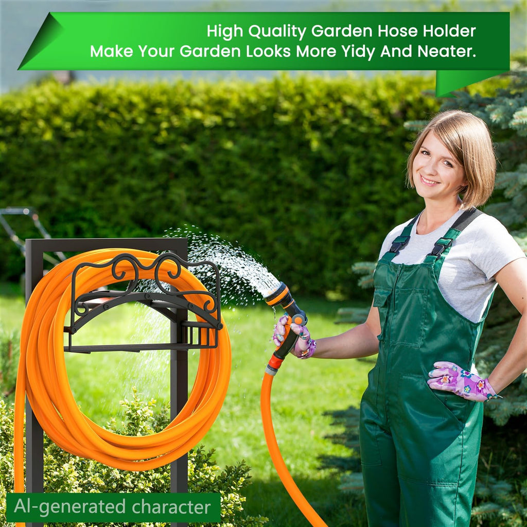 Garden Hose Holder, Heavy Duty Metal Water Hose Holder with 4 Spikes Outdoor Freestanding Hose Hanger Detachable Sturdy