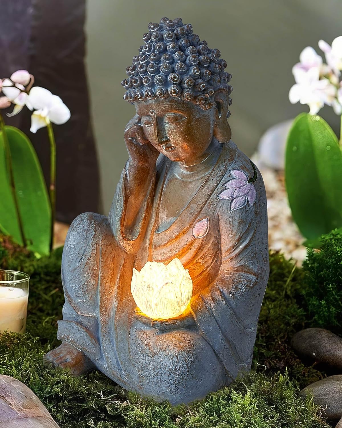 Buddha Statue Outdoor with Lotus Flower Light, IP65 Waterproof Solar Statue Lights, Outdoor Statues for Garden, Zen