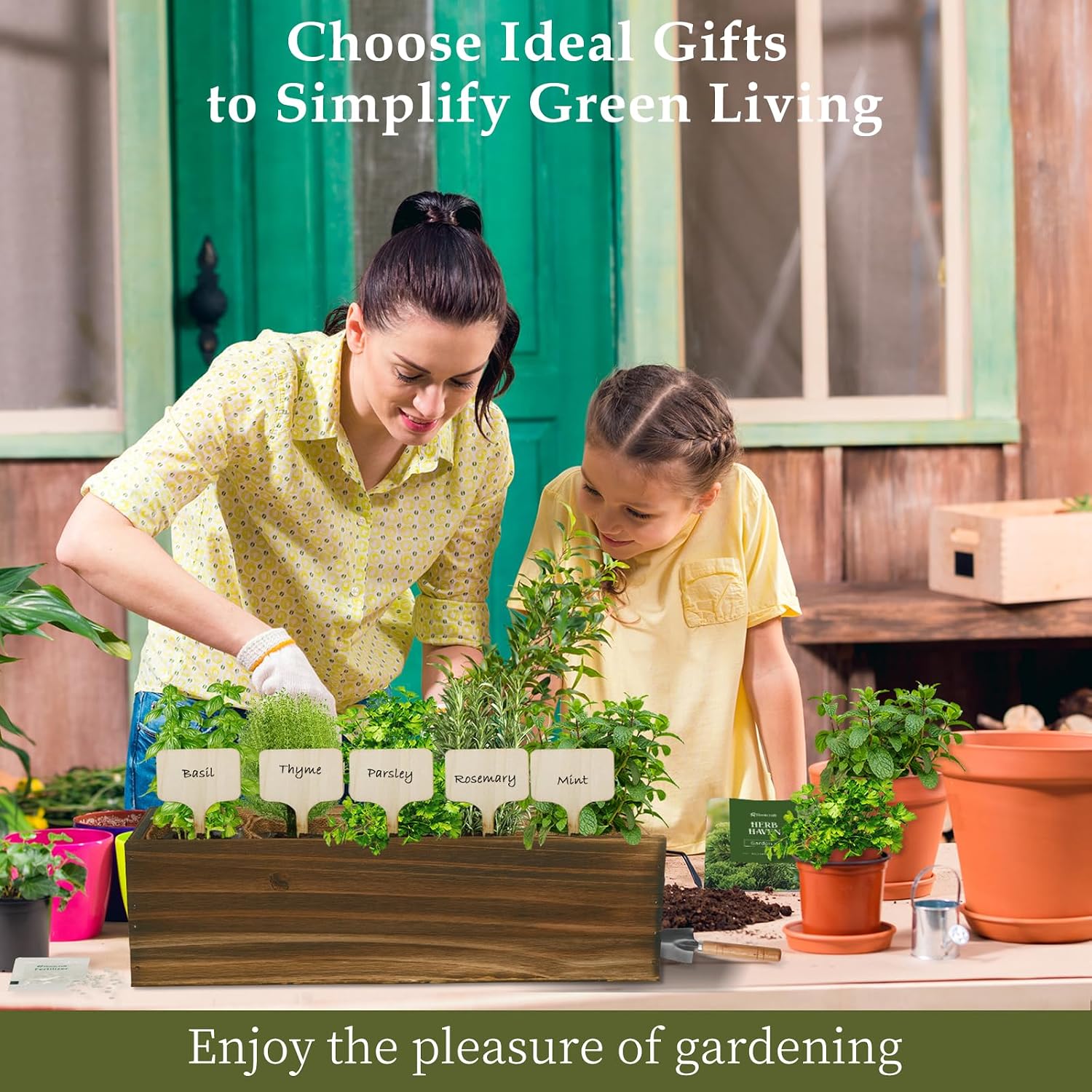 5 Herb Garden Planter Indoor with Wooden Box, Home Kitchen Seed Starter Kit Including Basil, Thyme, Parsley, Rosemary