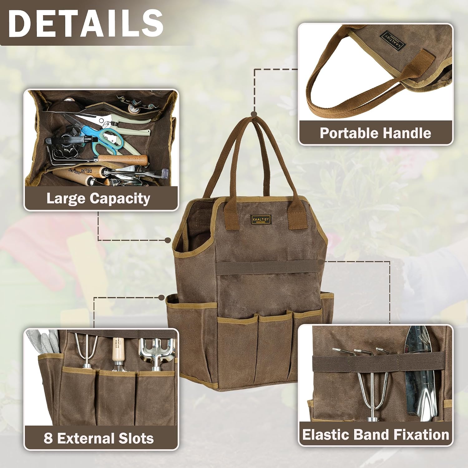 Canvas Garden Tool Bag, 16OZ Waxed Canvas Garden Tools Storage Tote - with 3 Inner Slots + 8 Outer Pockets